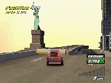 USA Raser game for PlayStation - New York stage. Seen is the statue of liberty on the left and a skyscraper on the right.