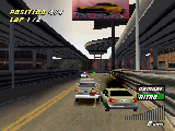 USA Raser game for PlayStation - Miami stage on narrow street with many bridges around.